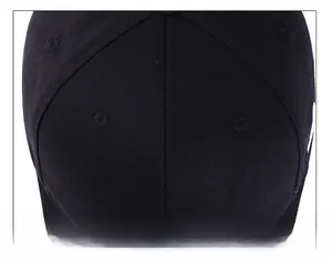 Gros plan d'une casquette noire montrant la structure à 6 panneaux et les œillets