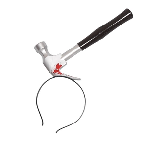 Close-up of Halloween headband with blood-stained hammer tool for spooky cosplay pranks