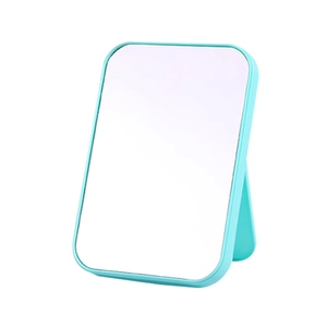 Foldable light blue rectangular vanity mirror with portable minimalist plastic stand
