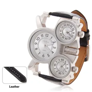 Oulm military style men's sports watch with silver case and black leather strap
