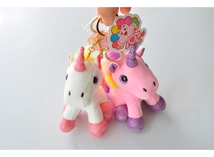 Detail of pink and white plush unicorn keychains with sparkling sequin accents
