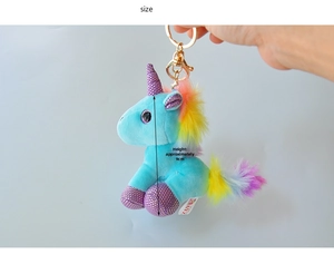 Detail of blue unicorn plush keychain with rainbow mane and height approx 9cm