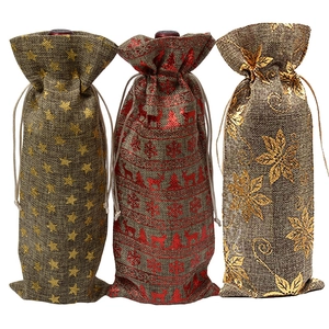 Burlap wine gift bags with drawstring closure and gold sequined reindeer star patterns