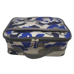 Detail of blue camouflage oxford lunch bag with top handle and durable double zippers