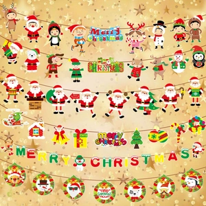 Colorful Merry Christmas paper banners with Santa, reindeer and elves for party decor