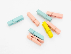 Detailed view of 3.5cm mini colorful wooden pegs for photo decoration on white background