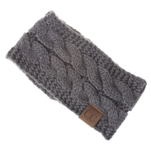 Close-up of dark grey cable knit headband featuring a brown leather C.C logo patch