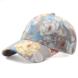Breathable floral cotton baseball cap with grey fabric and colorful flower patterns