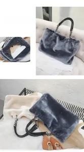 Detail of plush tote bag showing large capacity interior and faux fur texture