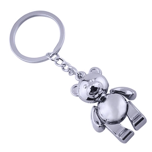Glossy silver metal 3D teddy bear keychain with flat ring and chain in minimalist style