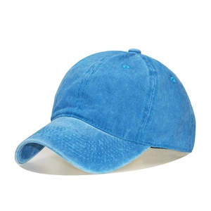 Detail showing washed cotton texture and stitching on the classic blue baseball cap