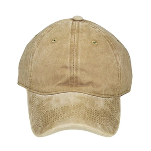 Detail of washed khaki cotton baseball cap with textured twill fabric and embroidery eyelets
