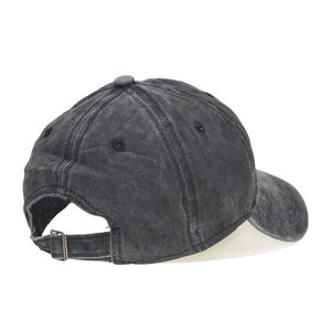 Rear view of washed cotton kids baseball cap showing adjustable metal buckle and strap