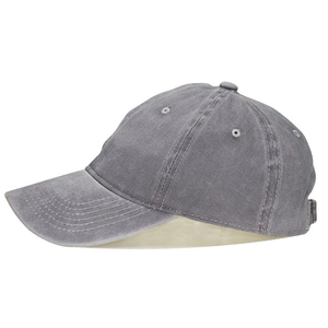 Detail view of washed dark gray cotton fabric and metal buckle on kids baseball cap