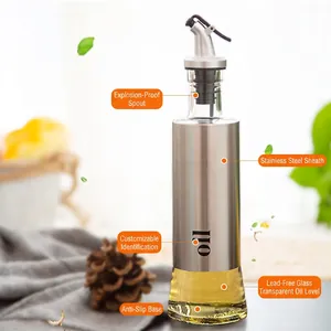 Dispensador de aceite de vidrio con funda de acero inoxidable y boquilla antigoteo