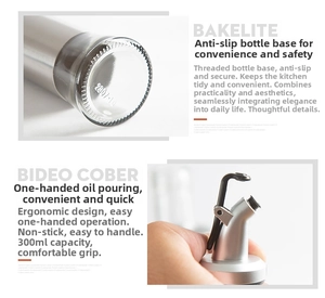 Detail of 300ml glass oil dispenser featuring non-slip bakelite base and ergonomic nozzle