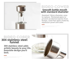 Detailed view of the 18mm wide glass bottle neck with a 304 stainless steel funnel