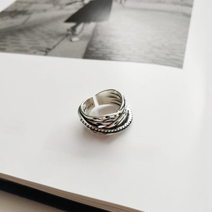 Retro S925 sterling silver adjustable open ring with vintage oxidized lines