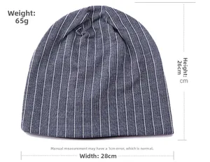 Guide des tailles du bonnet rayé indiquant un poids de 65g et dimensions 28x26 cm