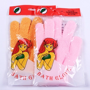 Orange and pink five-finger nylon body scrubber gloves for exfoliating bath and shower