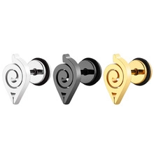 Three teardrop shaped stainless steel stud earrings with Naruto leaf village symbol