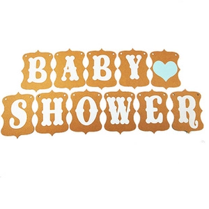Brown kraft paper banner with white letters spelling BABY SHOWER and a blue heart