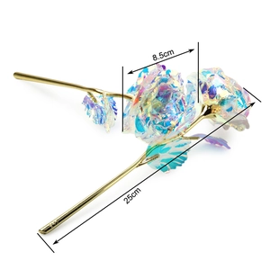 Detail showing artificial foil rose dimensions with 25cm length and 8.5cm flower width