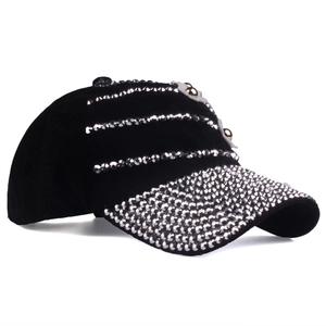 Women's black baseball cap with silver rhinestones and 3D floral accents, stylish sun hat