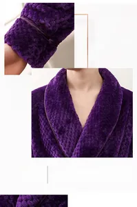 Detail of purple flannel bathrobe featuring reinforced piping on collar and cuffs