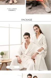Close-up of white flannel bathrobe featuring premium thick pineapple plaid texture and soft fabric