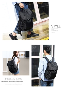 Detailansicht eines schwarzen Nylon Rucksacks mit Klappenverschluss und Seitentaschen
