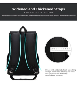 Detail der 7,5 cm breiten S-förmigen ergonomischen Schultergurte am schwarzen Rucksack