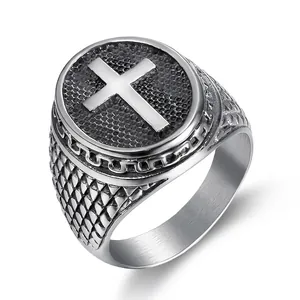 Retro Cross Ring Stainless Steel Gothic Punk Style Embossed Scrollwork Vintage Jewelry For Men