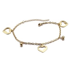 Elegant gold titanium steel anklet with hollow heart and bead charms for women