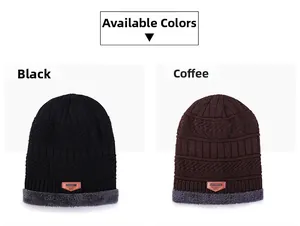 Detail view of winter knitted beanies showing thick fleece lining and leather patches
