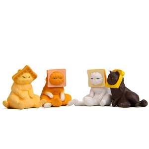 Creative set of 4 resin cat figurines wearing toast bread hats on white background