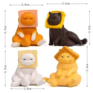 Set of 4 creative Japanese cat figurines wearing toast and waffle headgear decor