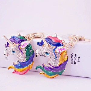 Cute Enamel Rhinestone Unicorn Keychain Zinc Alloy Animal Bag Pendant Gold Tone Key Ring Accessory For Women Girls Gift