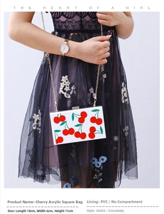 White cherry acrylic square clutch bag with gold chain strap, size 18x6x11cm