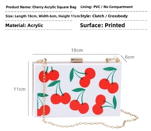 Detailed view of cherry print acrylic square clutch bag with dimensions 18x6x11cm