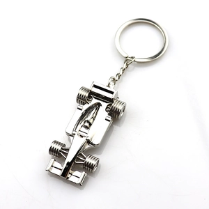 Polished silver F1 racing car metal keychain with glossy metallic finish for gifts