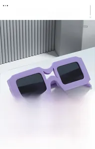 Macro detail of purple thick square frame sunglasses with black lenses on a white pedestal