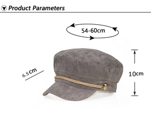 Detailed size chart of grey corduroy octagonal hat with adjustable 54-60cm circumference