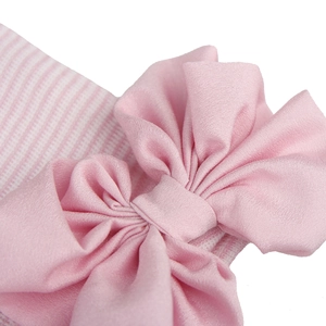 Pink chiffon oversized bow baby hat with striped knit base for newborn infant fashion