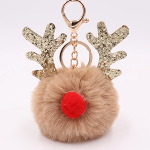 Christmas Reindeer Pompom Keychain Faux Rabbit Fur Sequin Antlers Cute Fluffy Bag Charm Holiday Festive Ornament For Women
