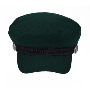 Detail of wool octagonal cap with decorative black braid and silver side buttons