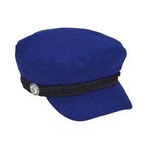 Detail of wool fiddler cap showing black braided strap and silver crown engraved button