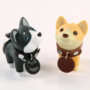 Creative husky and shiba inu dog keychains with leather collars on white background