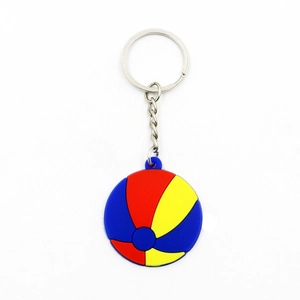 Detailed view of beach ball keychain with matte silicone blue, red, yellow segments