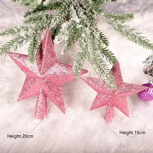 Pink glitter Christmas tree star toppers in 15cm and 20cm sizes on festive pine background